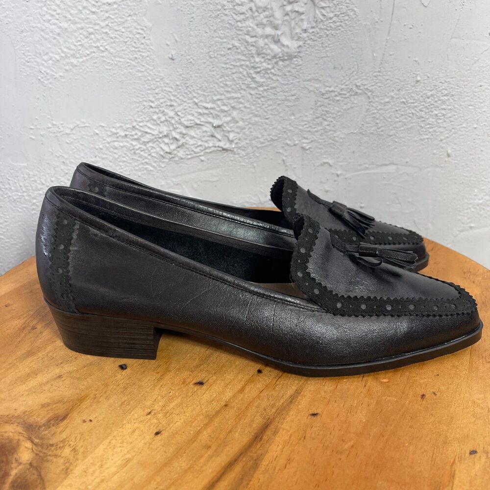 Vintage Art Effects Tassel Loafers Women 8.5M Black Leather Preppy Classic Retro